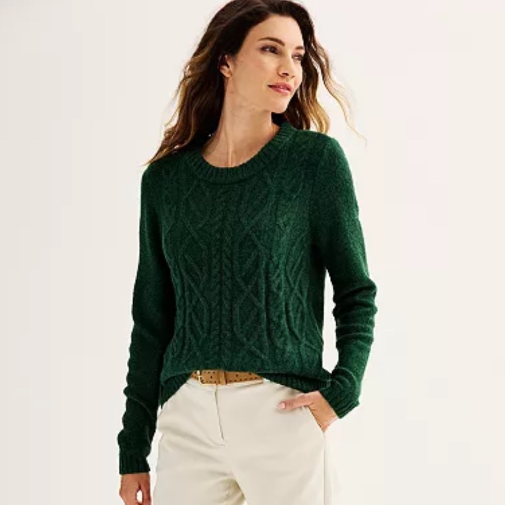Bass Forest Green Cable Knits Crew Neck Pullover Sweater